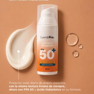 Protector solar de amplio espectro con acido Hialuronico FPS 50 invisible o color Luvré Pro x 50ml