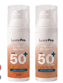 Protector solar de amplio espectro con acido Hialuronico FPS 50 invisible o color Luvré Pro x 50ml